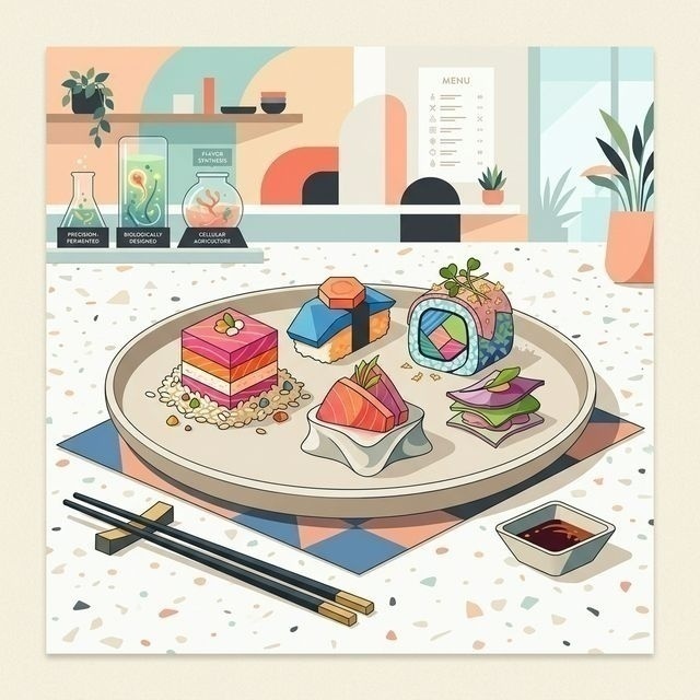 A modern 2D graphic of a futuristic smart kitchen where a holographic interface suggests recipes to a cook, with colorful vegetable silhouettes in the background.