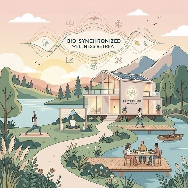 Modern 2D Graphic in flat vector style depicting a serene wellness space where a digital anatomy model is surrounded by glowing AI data nodes and soft geometric shapes