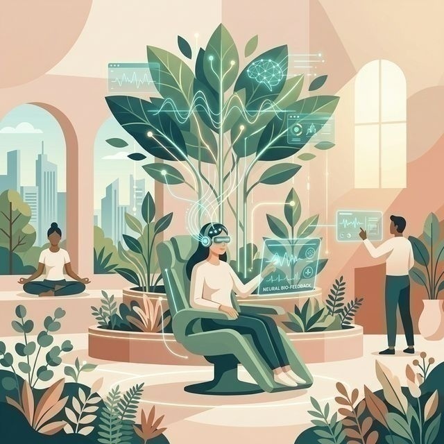 Modern 2D Graphic showcasing sustainable wellness practices such as plant-based nutrition and renewable energy-powered fitness centers