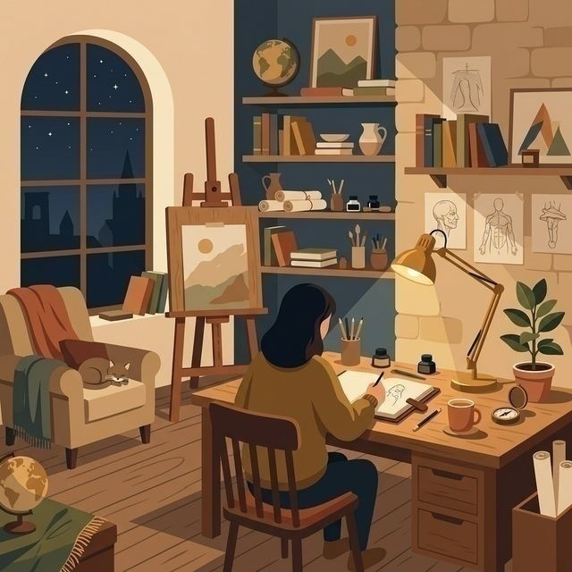 Quiet individual connecting complex ideas, representing innovation and deep thought.