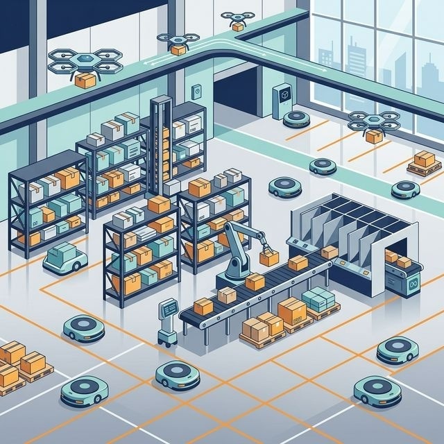 Modern 2D Graphic of a temperature-controlled smart delivery drone flying over a digital city representing efficient medical last-mile delivery