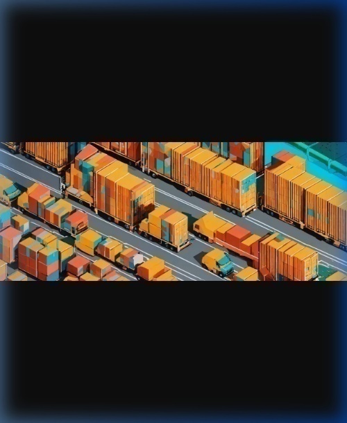 Modern 2D Graphic showing a smart green warehouse with solar panels and electric delivery vehicles