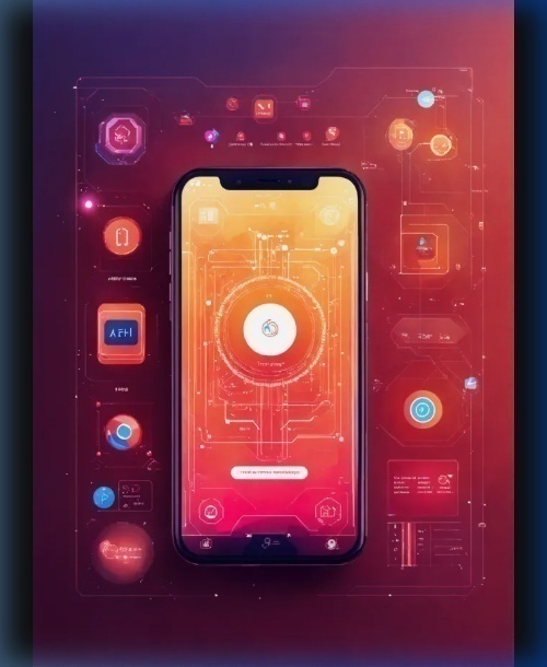 A modern 2D graphic of a smart bedroom at sunset, featuring a smart lamp emitting warm amber light and a smartphone displaying a sleep optimization interface.