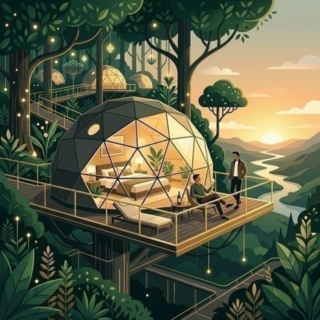 A futuristic eco-lodge nestled in a dense tropical forest, featuring transparent glass walls and an integrated AI console that adjusts lighting to mimic the traveler's natural circadian rhythm.