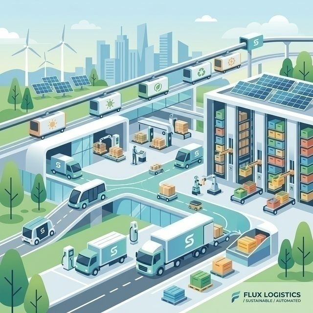 Premium flat vector illustration depicting interconnected global logistics network, with data flowing between warehouses, ships, trucks, and a central cloud brain, surrounded by green leaves and gears.